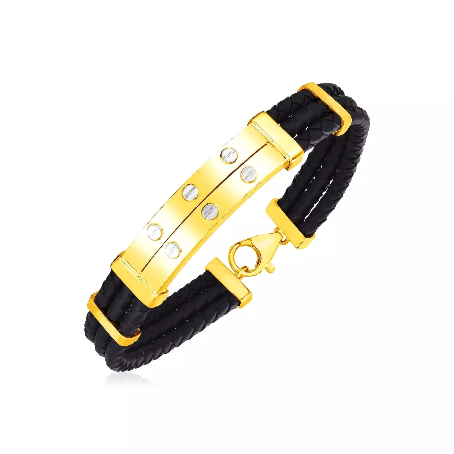 14k Yellow Gold and Rubber Mens Bracelet with Two Riveted Bars