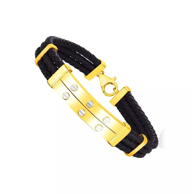 14k Yellow Gold and Rubber Mens Bracelet with Two Riveted Bars