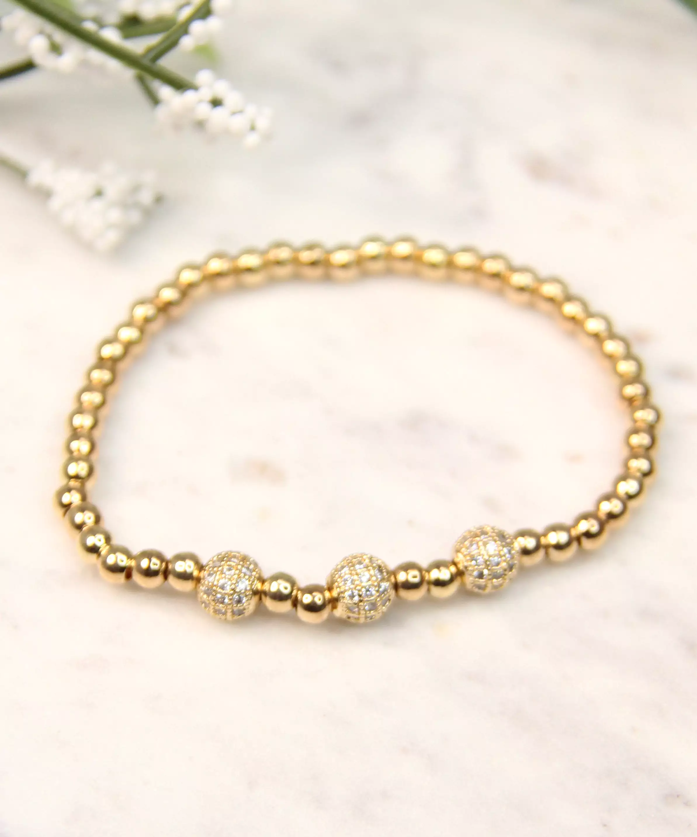 Beaded Bracelet with Round CZ Balls - Gold