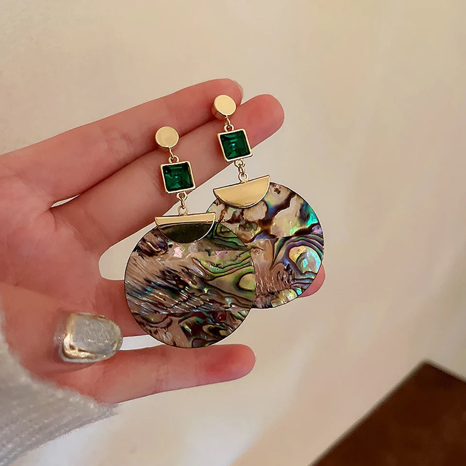 Big Long Round Abalone Shell Drop Earrings for Women