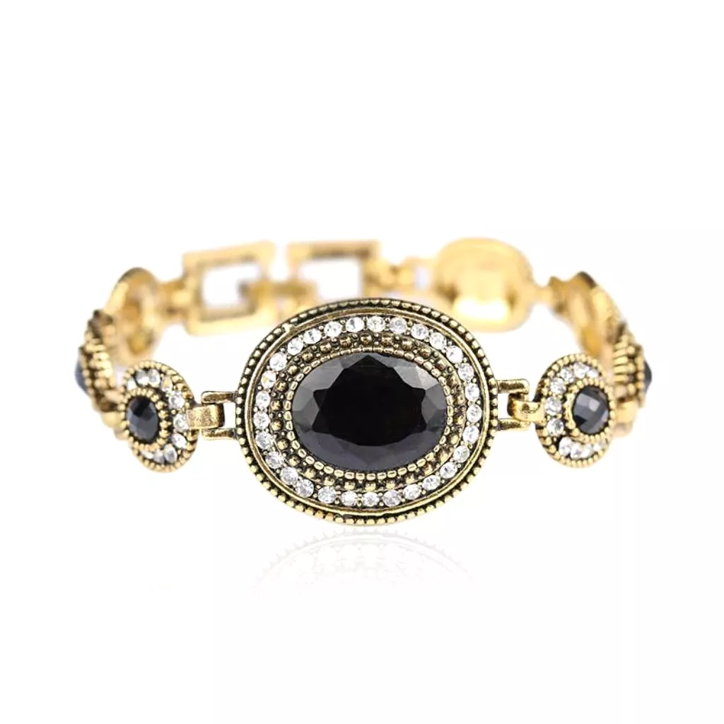 Black Crystal and Gold Link Antique Bracelet