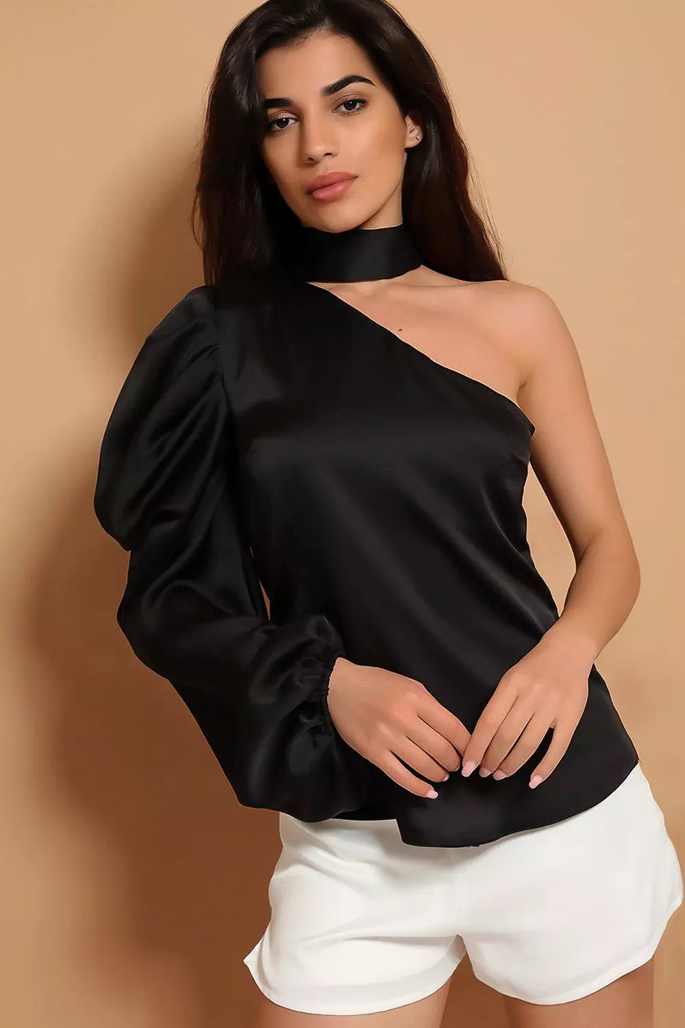 Black One Sleeve Choker Neck Satin Blouse