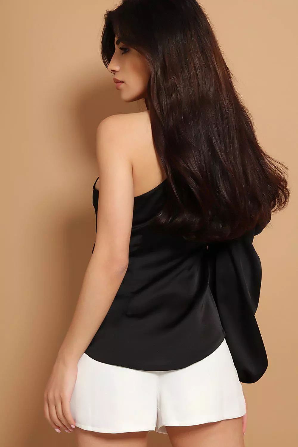 Black One Sleeve Choker Neck Satin Blouse