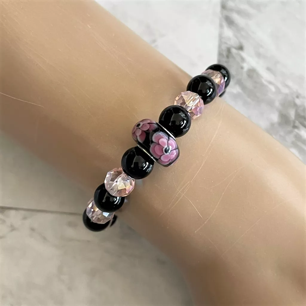 Black Onyx and Pink Crystal Beaded Bracelet with a Large Flower Bead