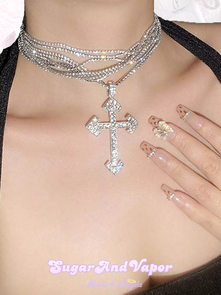 Bling Cross Multi-layered Rhinestones Choker