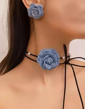 Blue Denim Choker And Earrings Set