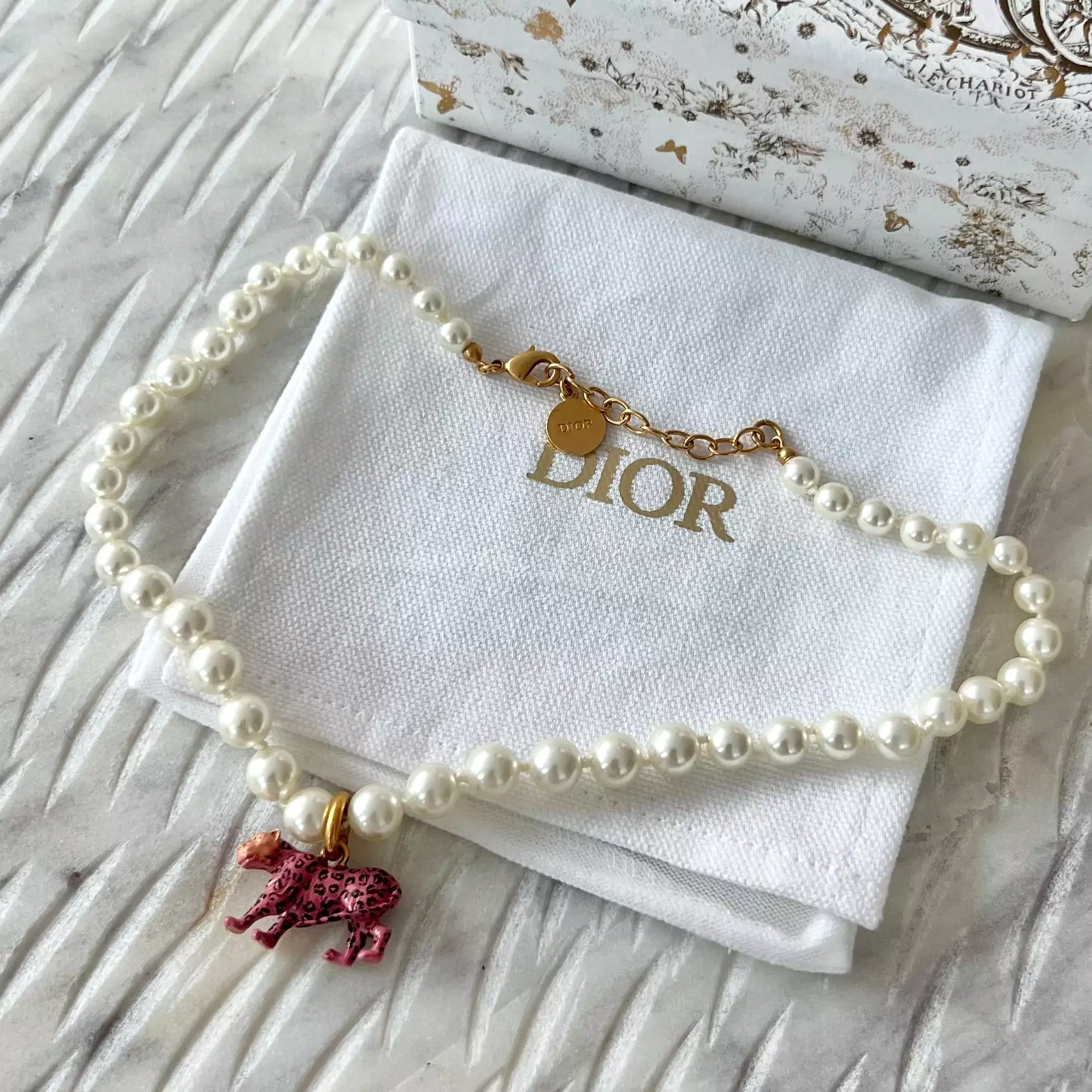 Christian Dior Tiger Pendant Pearl Necklace