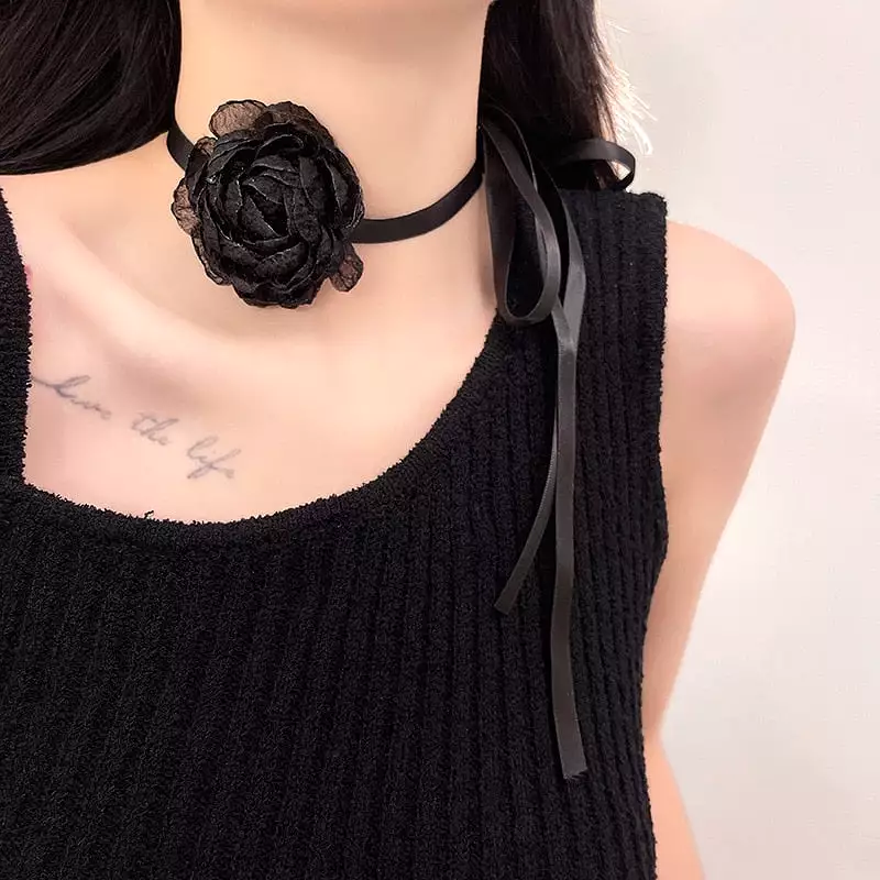 Cool Retro Black Dinner Party Big Flower Lace Choker Collar Sexy Neck Band Necklace for Women Girls Jewelry