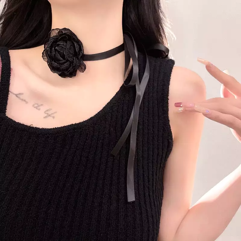 Cool Retro Black Dinner Party Big Flower Lace Choker Collar Sexy Neck Band Necklace for Women Girls Jewelry