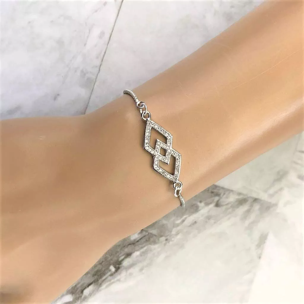 Crystal Double Diamond Silver Adjustable Bracelet