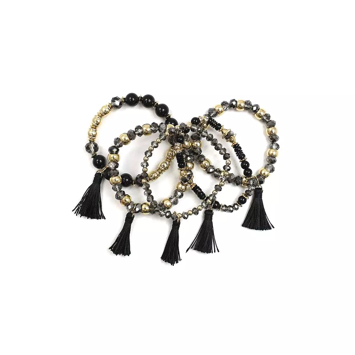 Crystal Stone Ball Bead Tassel Stretch Bracelet Set