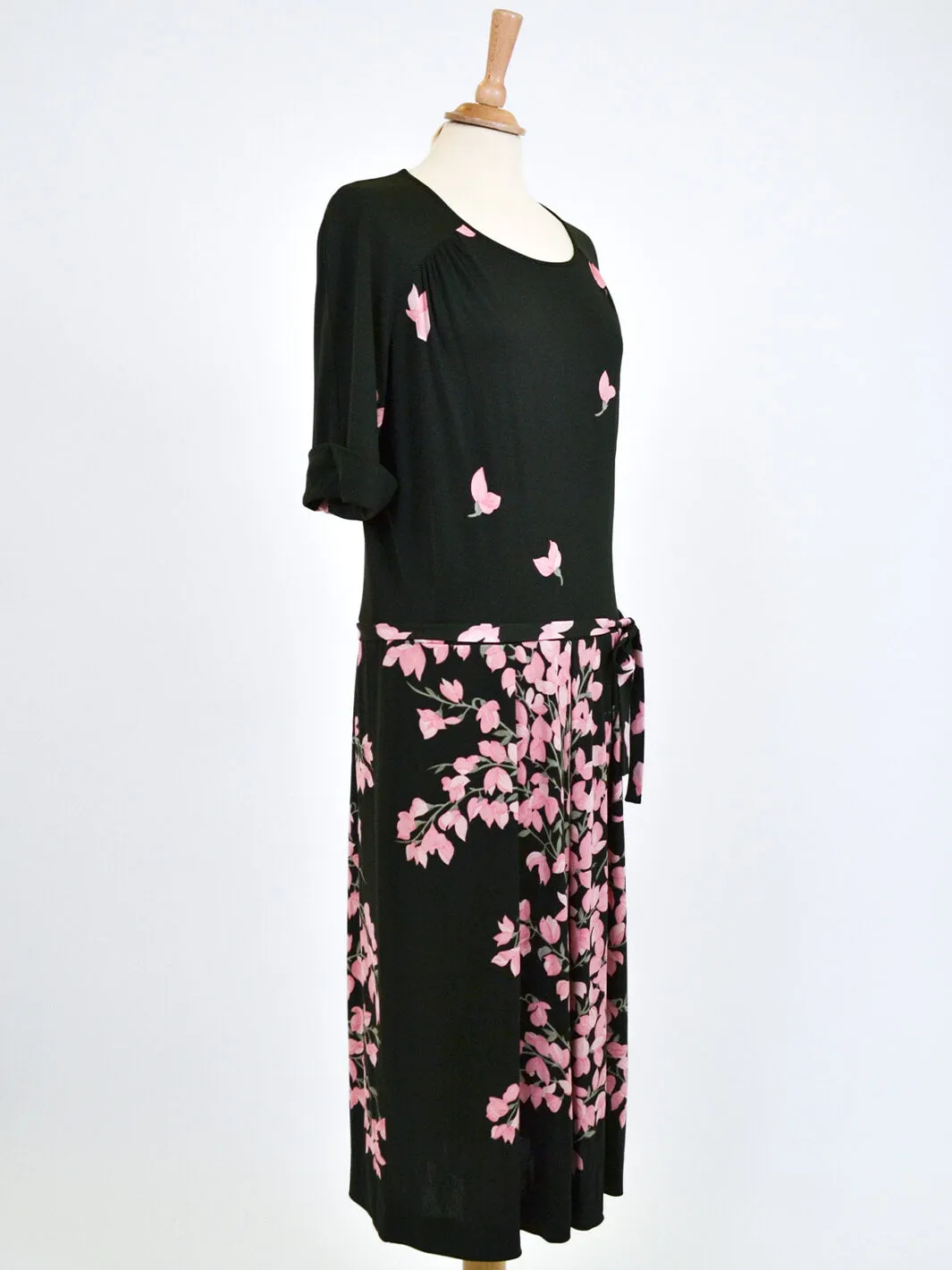 De Parisini olive dress with pink flowers, 70s