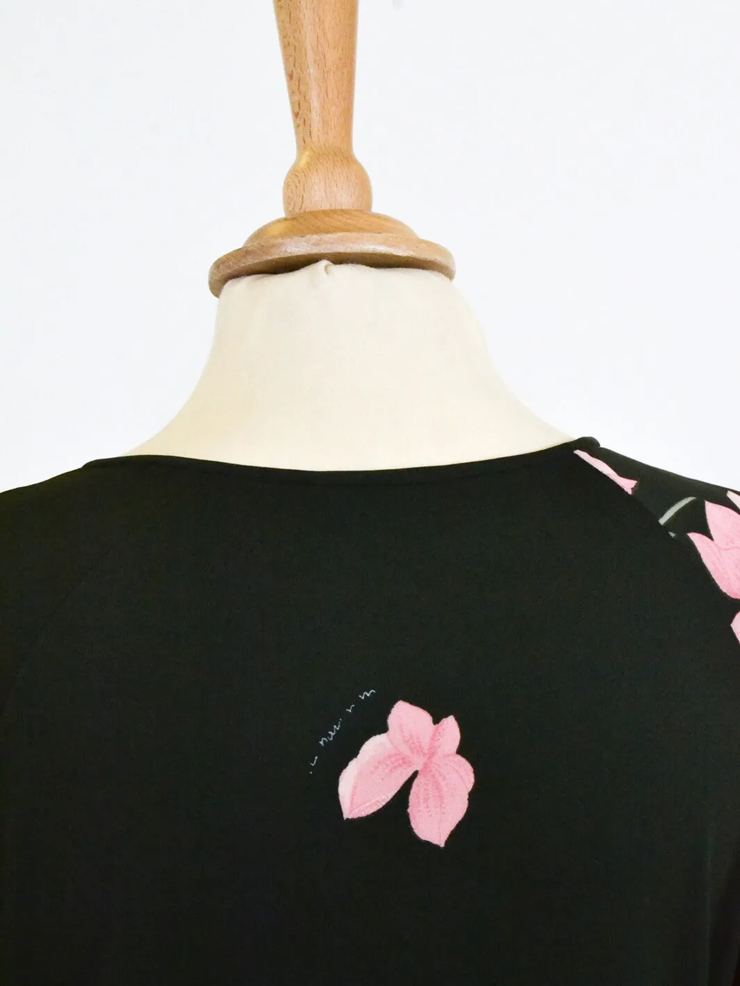 De Parisini olive dress with pink flowers, 70s