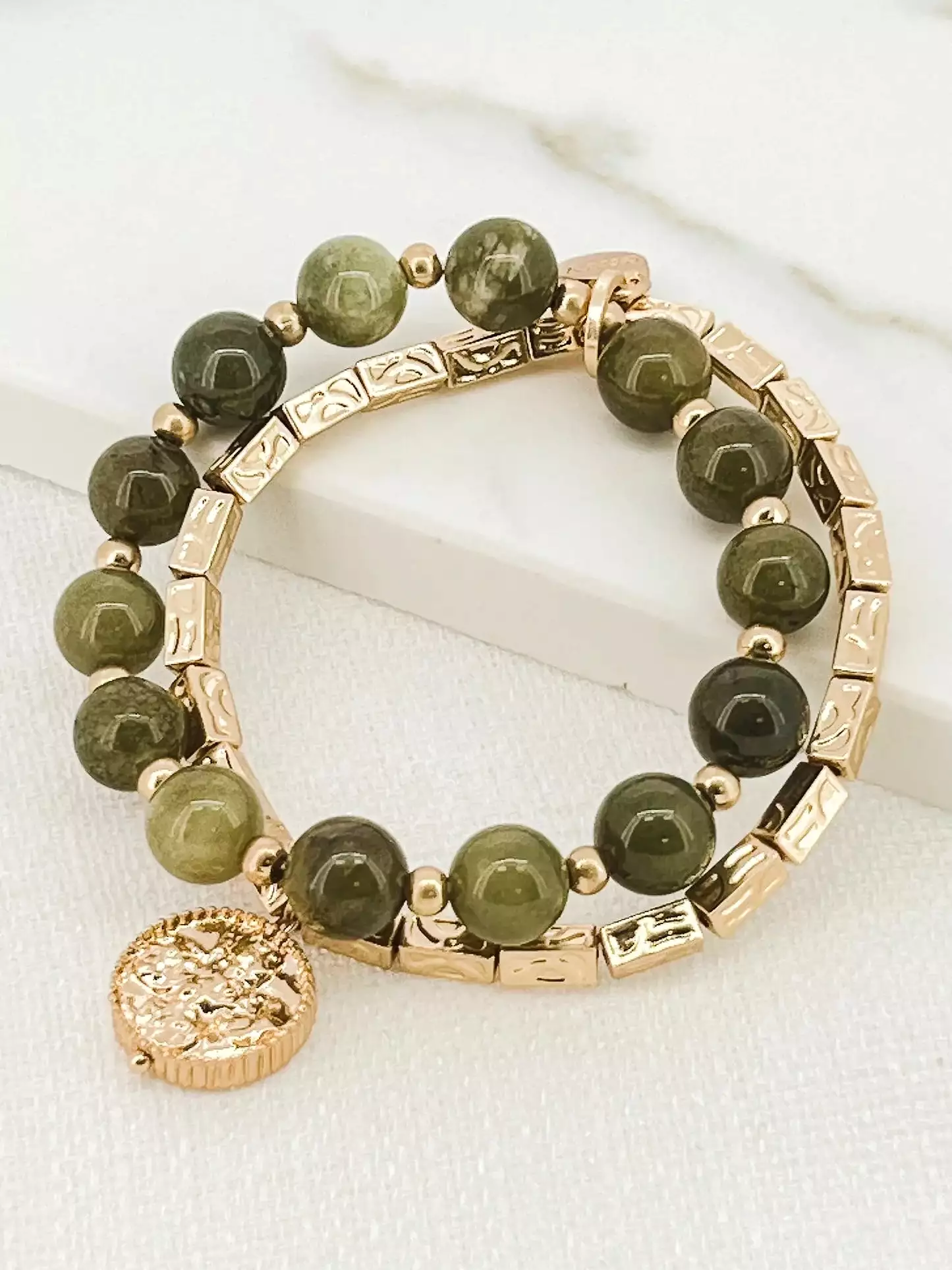 Envy Double Strand Beaded Pendant Bracelet - Gold & Green