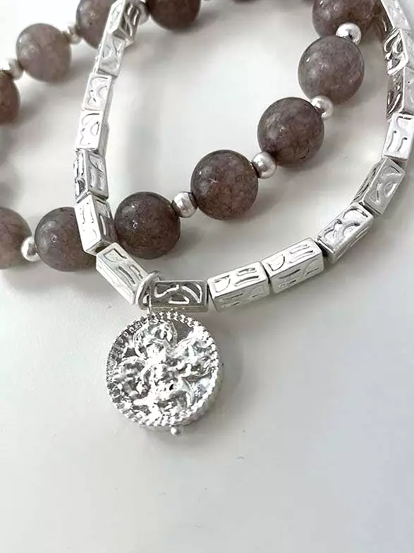 Envy Double Strand Beaded Pendant Bracelet - Silver & Taupe