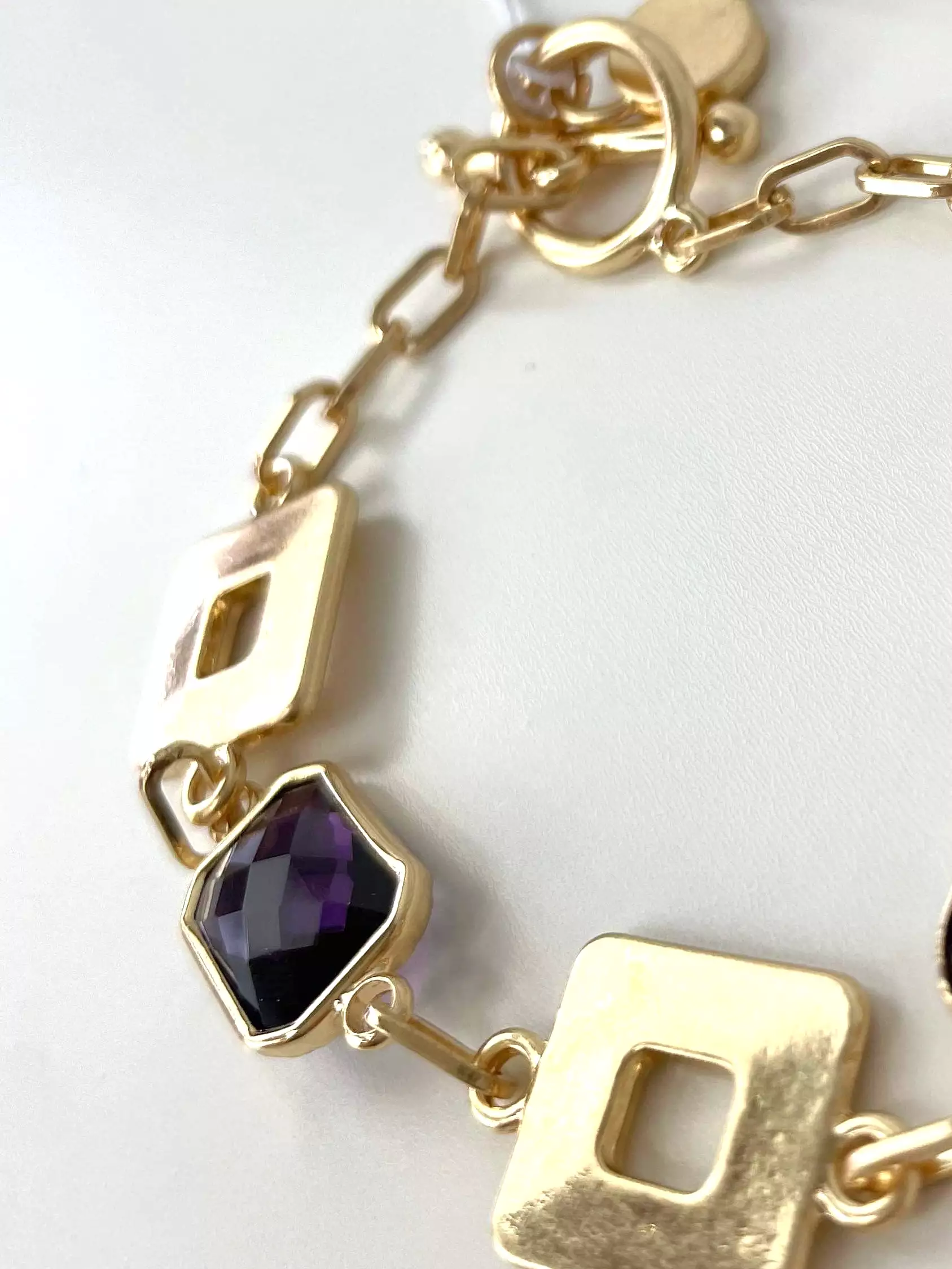 Envy Trinny Gemstone Chain T-Bar Bracelet - Gold & Purple