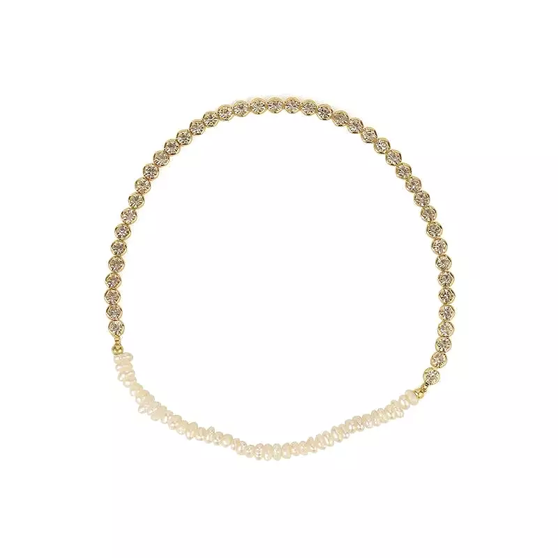 Freshwater Pearl And CZ Gold Plated Stretch Bracelet