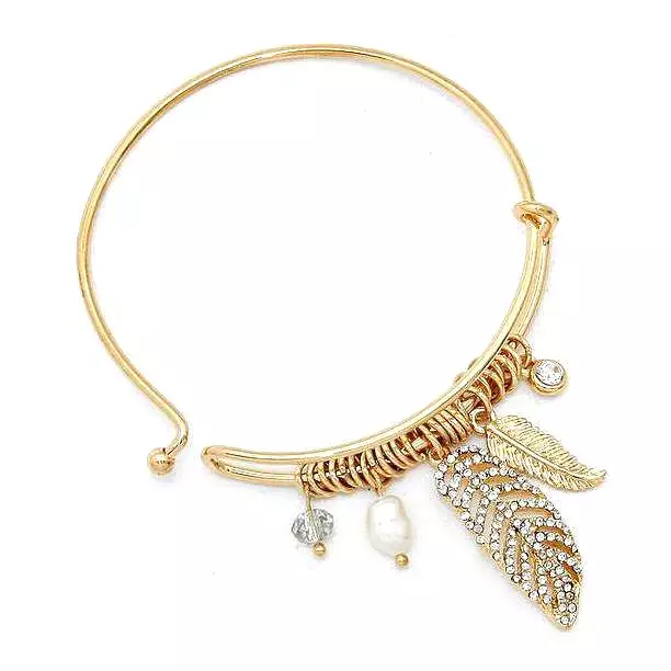 Gold and Crystal Leaf Bangle Bracelet