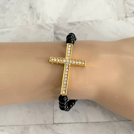 Gold Crystal Cross Black Onyx Beaded Bracelet