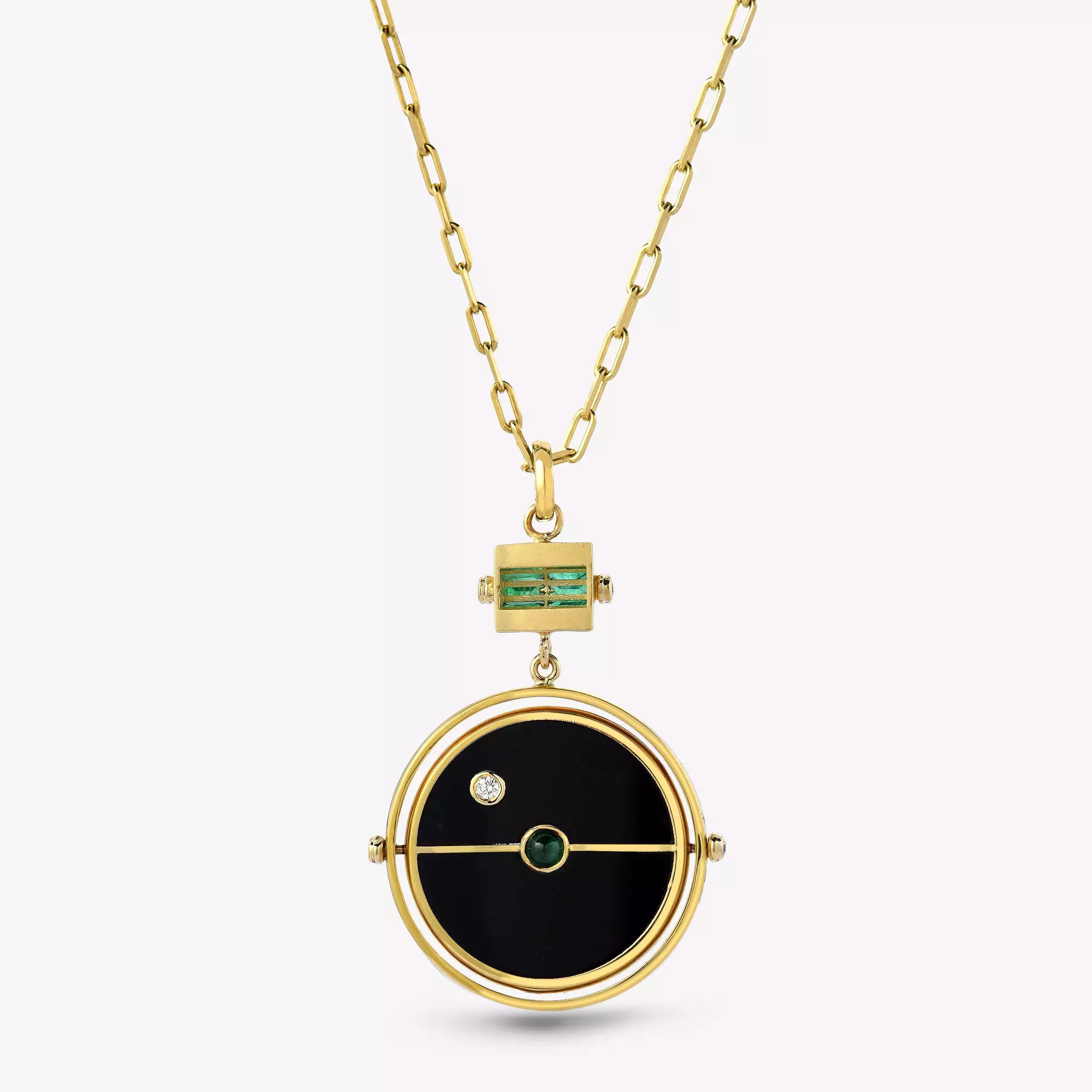 Grandfather Compass Pendant with Black Onyx and Emerald