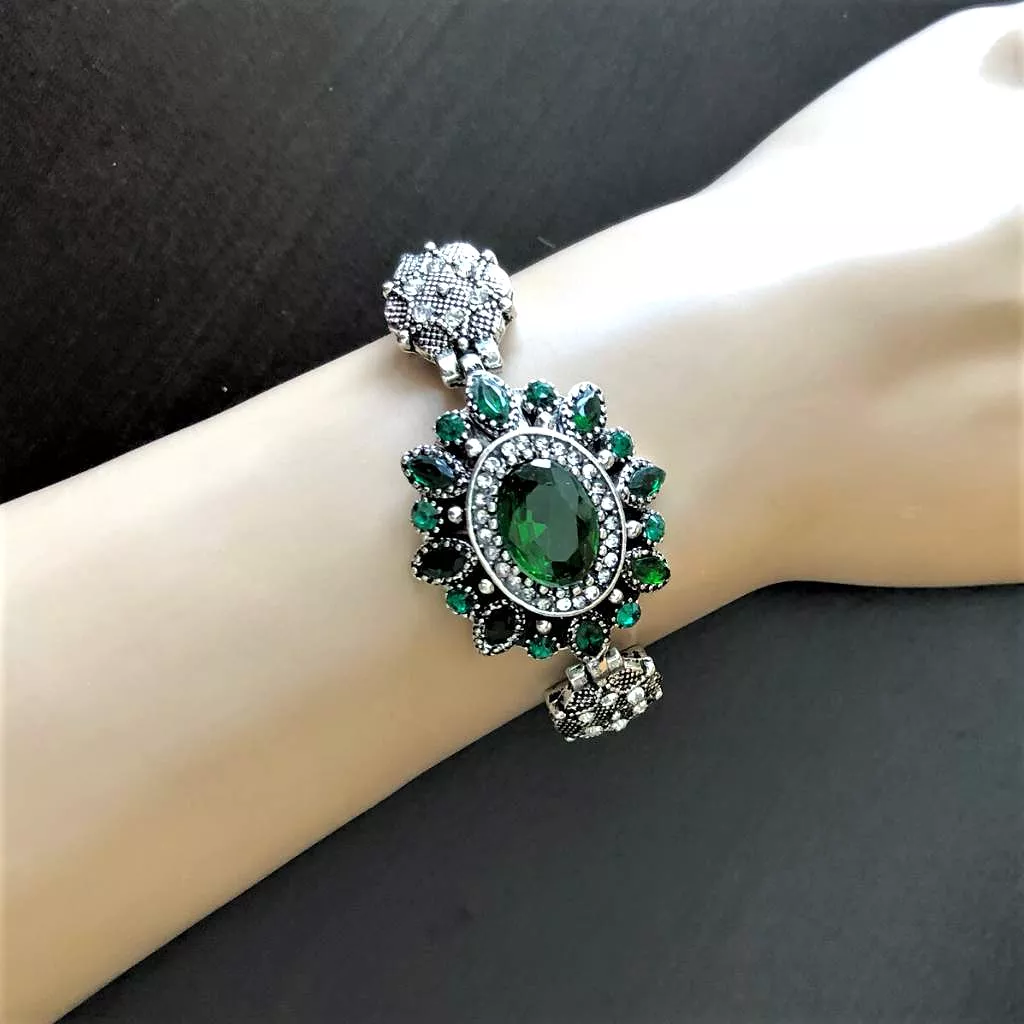 Green Crystal Antique Silver Bracelet