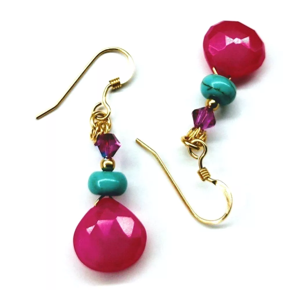 Handcrafted 14K Gold-Filled Gemstone Earrings with Hot Pink Chalcedony and Turquoise