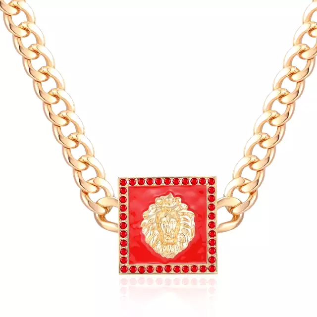 Hiphop Lion Head Choker Necklace Gold Color Statement Alloy Crystal Enamel Pendant Basketball Wives Chunky Chain Costume Jewelry