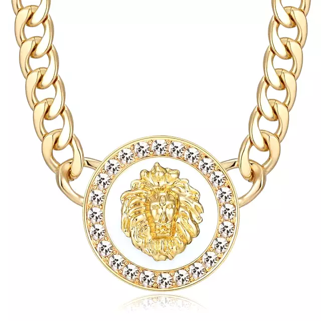 Hiphop Lion Head Choker Necklace Gold Color Statement Alloy Crystal Enamel Pendant Basketball Wives Chunky Chain Costume Jewelry