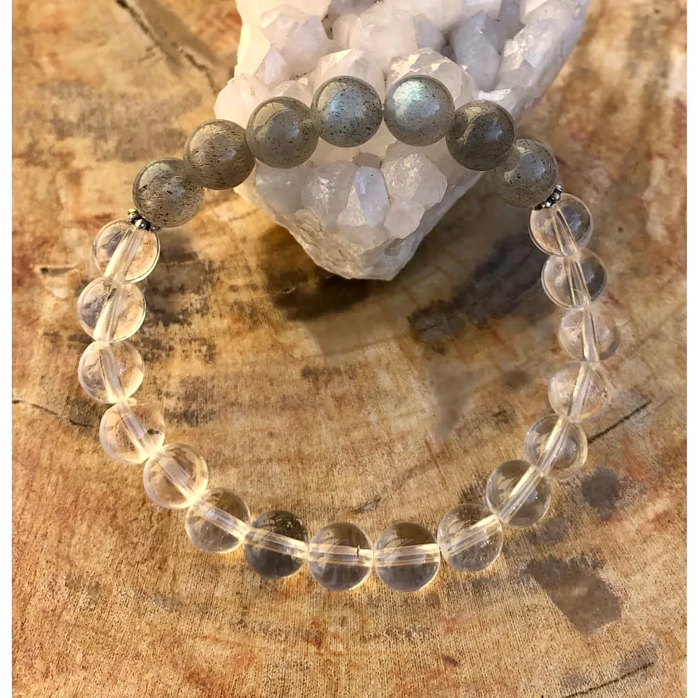 Labradorite & Crystal Quartz Stretch Bracelet! Blue Flash & Handmade!