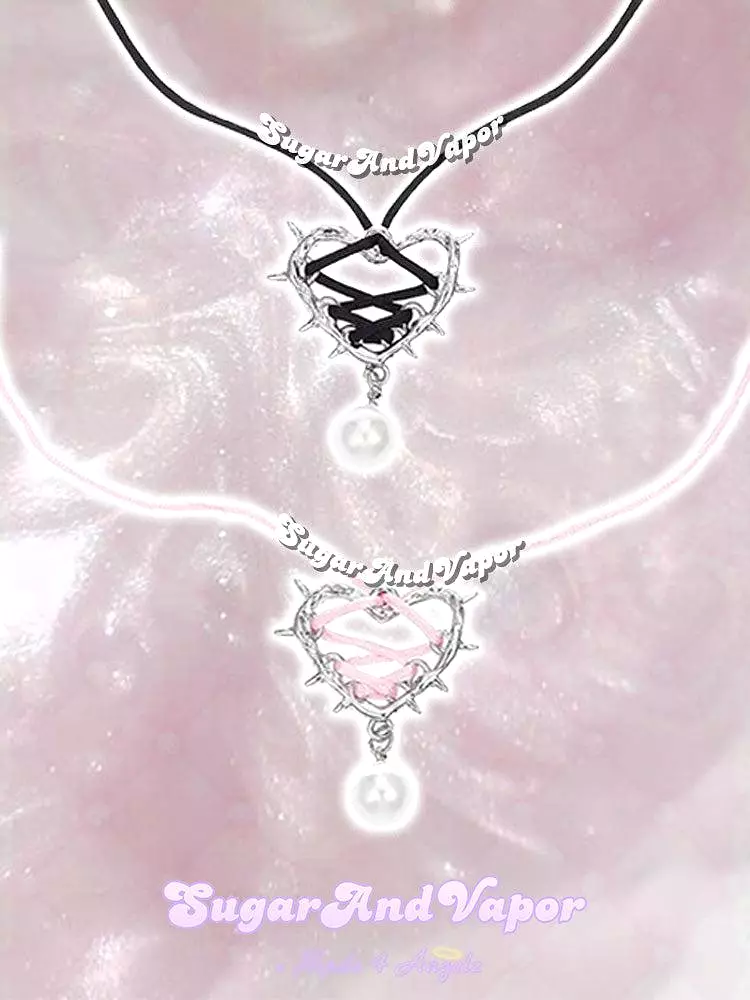 Lilybeth Pearls Thorns Heart Lace-up Choker