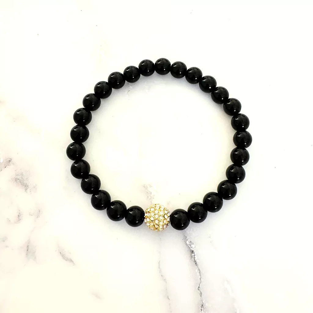 Mens Black Onyx and Gold Crystal Beaded Bracelet