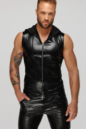 Men's Snake Wetlook Sleeveless Zip-Up Top With Sheer Hood