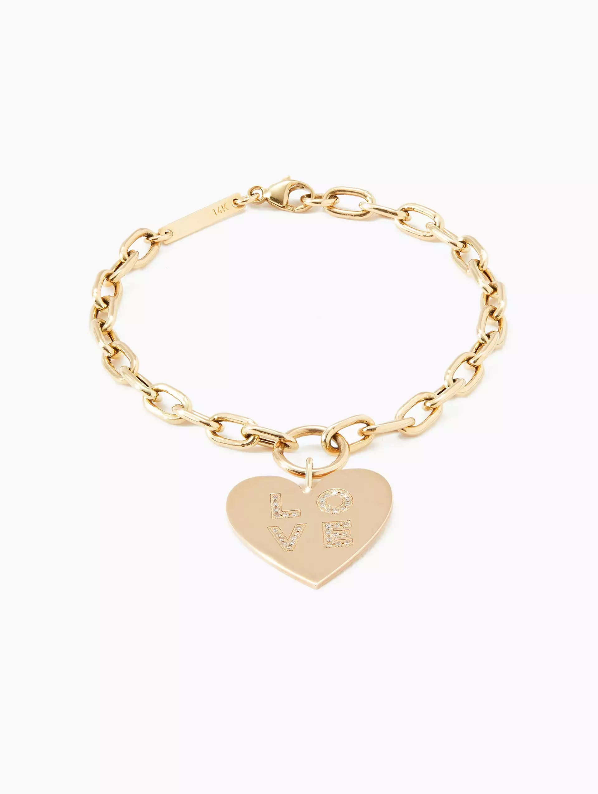 Pave Diamond Love Heart Charm Square Oval Chain Bracelet