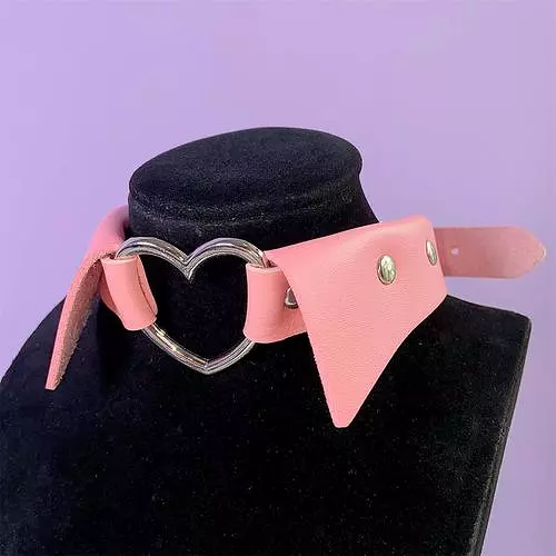 Pink Fake Collar Hollow SIiver Heart PU Choker ON789