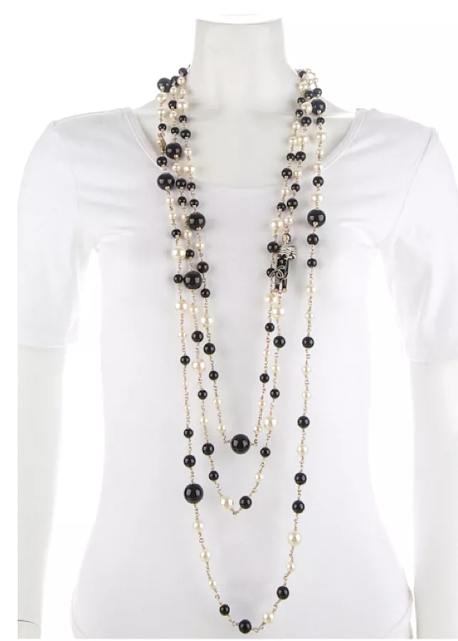 RARE Chanel 100th Anniversary 2010 Cruise 10C Black White Gold Pearl Coco Figure Sautoir 3 Strand Long Necklace