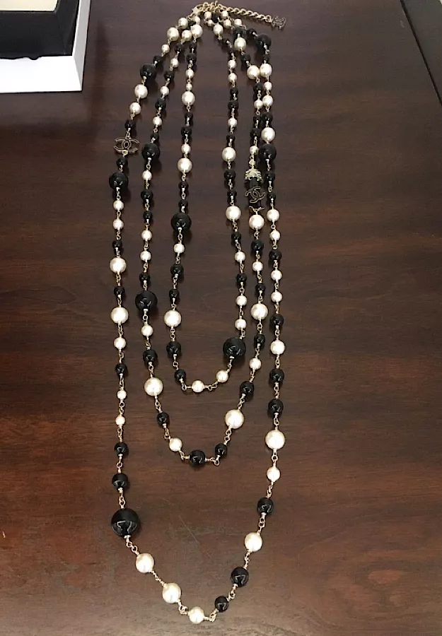 RARE Chanel 100th Anniversary 2010 Cruise 10C Black White Gold Pearl Coco Figure Sautoir 3 Strand Long Necklace