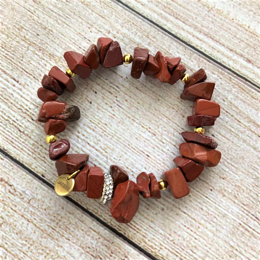 Red Jasper Chip and Gold Crystal Stretch Bracelet