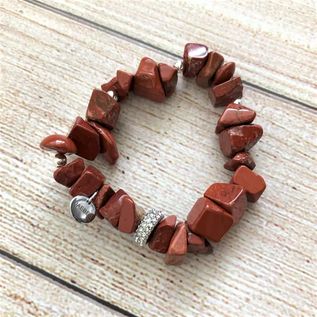 Red Jasper Chip and Silver Crystal Stretch Bracelet