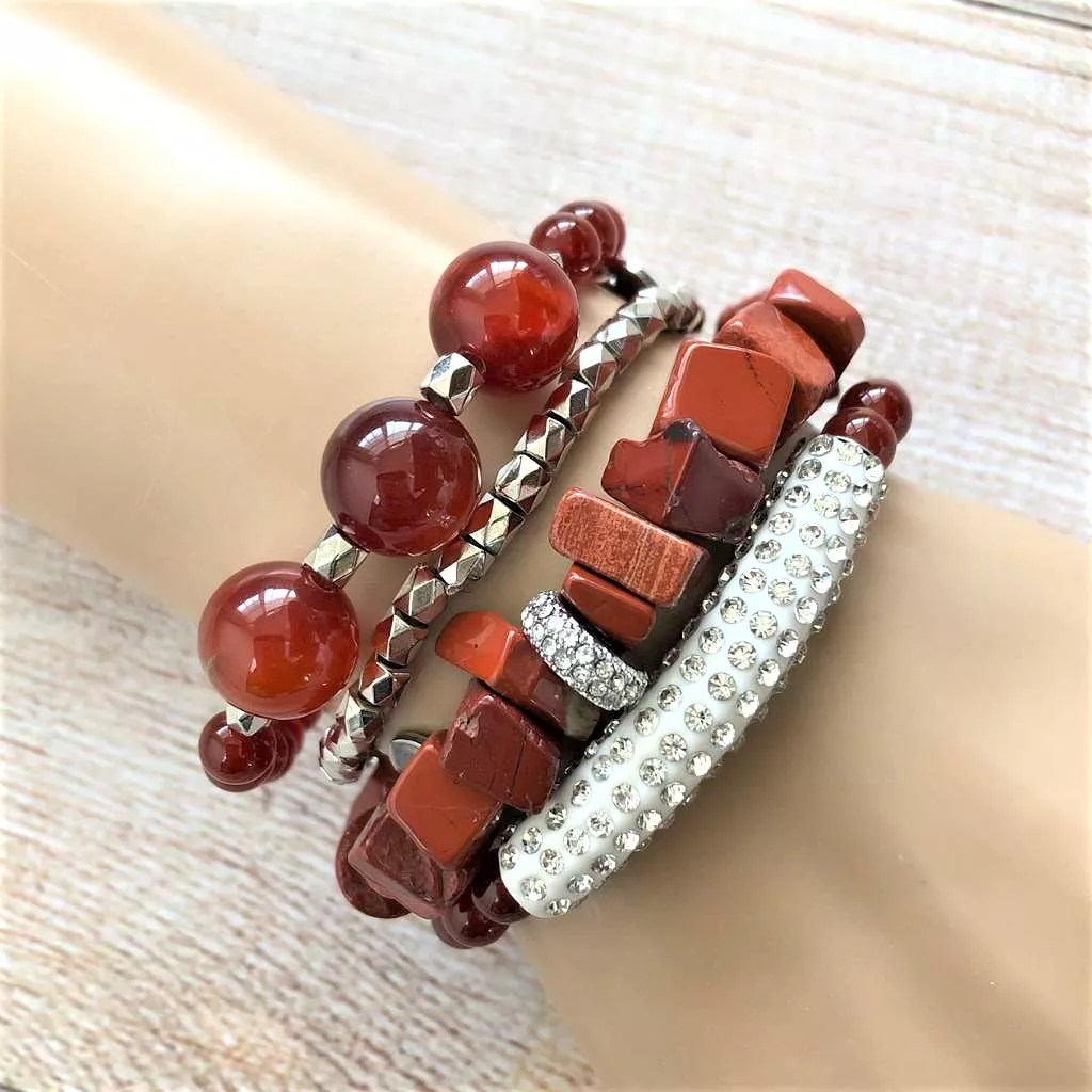 Red Jasper Chip and Silver Crystal Stretch Bracelet