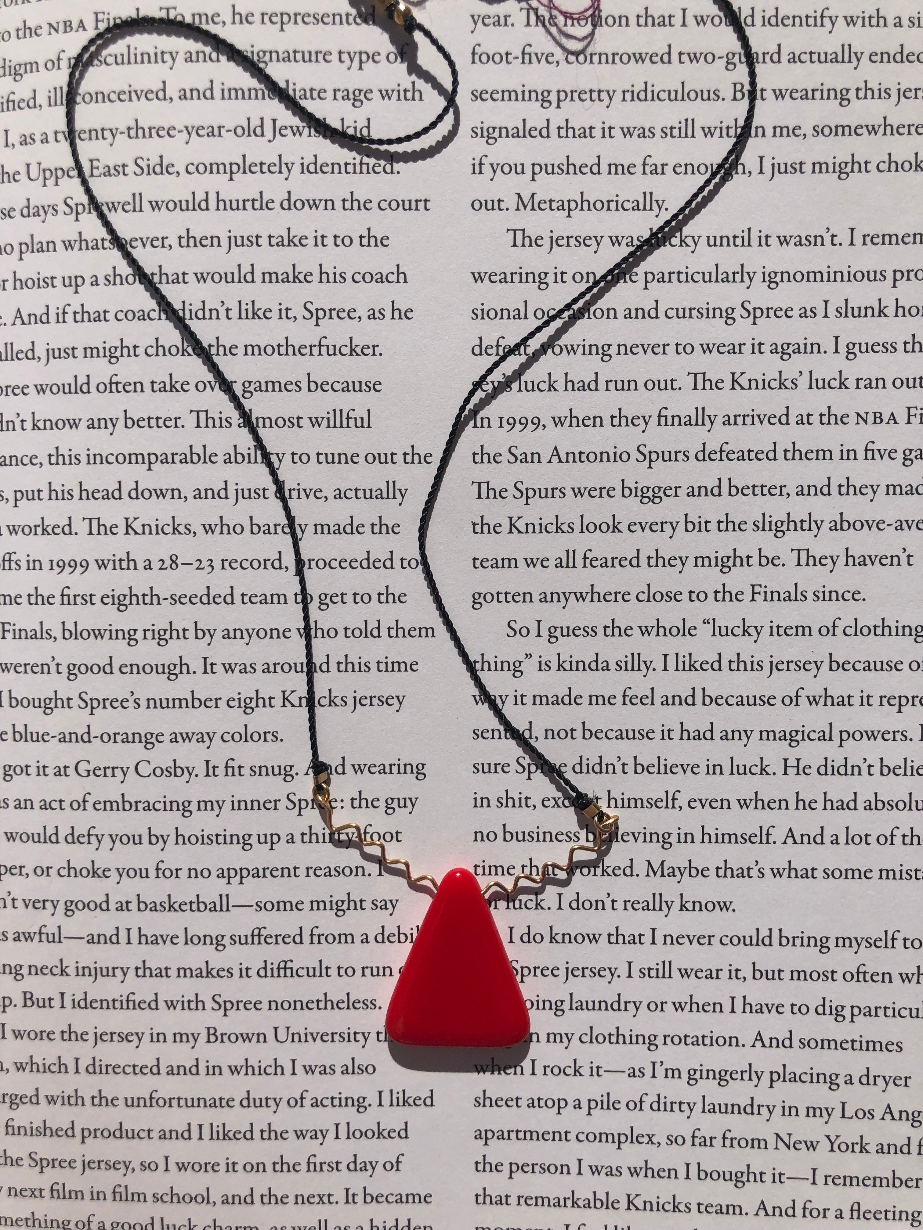 Ronni Kappos Red Triangle Squiggle Gold Necklace