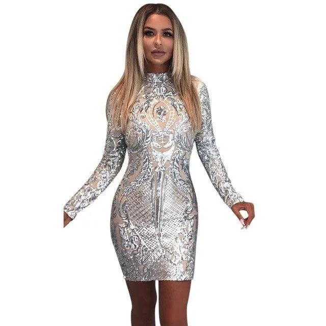 Sexy Sequined Neck Slim Long Sleeve Above Knee Mini Pencil Dress