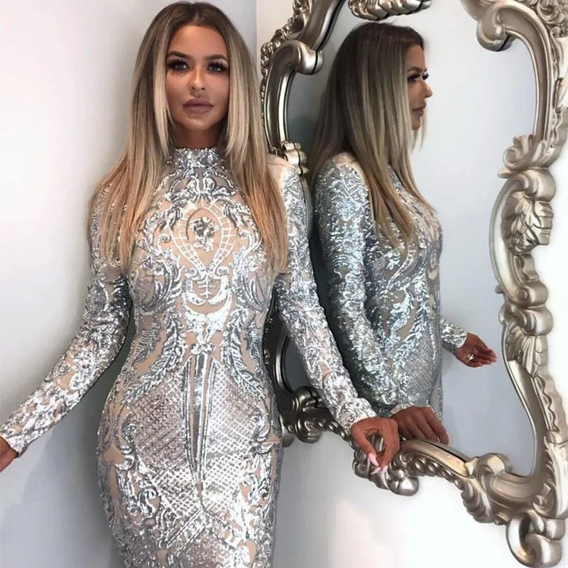 Sexy Sequined Neck Slim Long Sleeve Above Knee Mini Pencil Dress