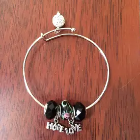 Silver Adjustable LOVE and HOPE Bangle Bracelet with Glass and Crystal Beads