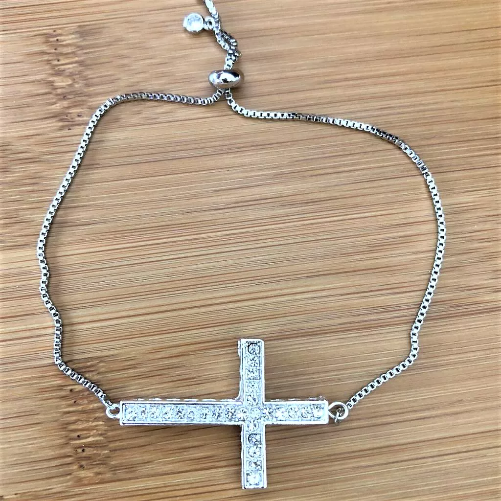 Silver Crystal Cross Adjustable Bracelet