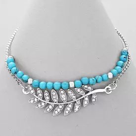 Turquoise Beaded Bracelet with Silver Crystal Pave Leaf