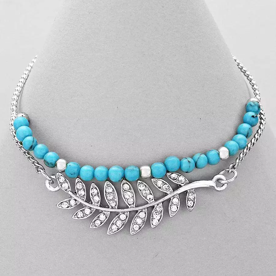 Turquoise Beaded Bracelet with Silver Crystal Pave Leaf