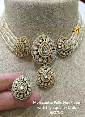 Vanamala , Gold Finish elegant Moissanite Polki Kundan Necklace Set for Women -RADHE001MK