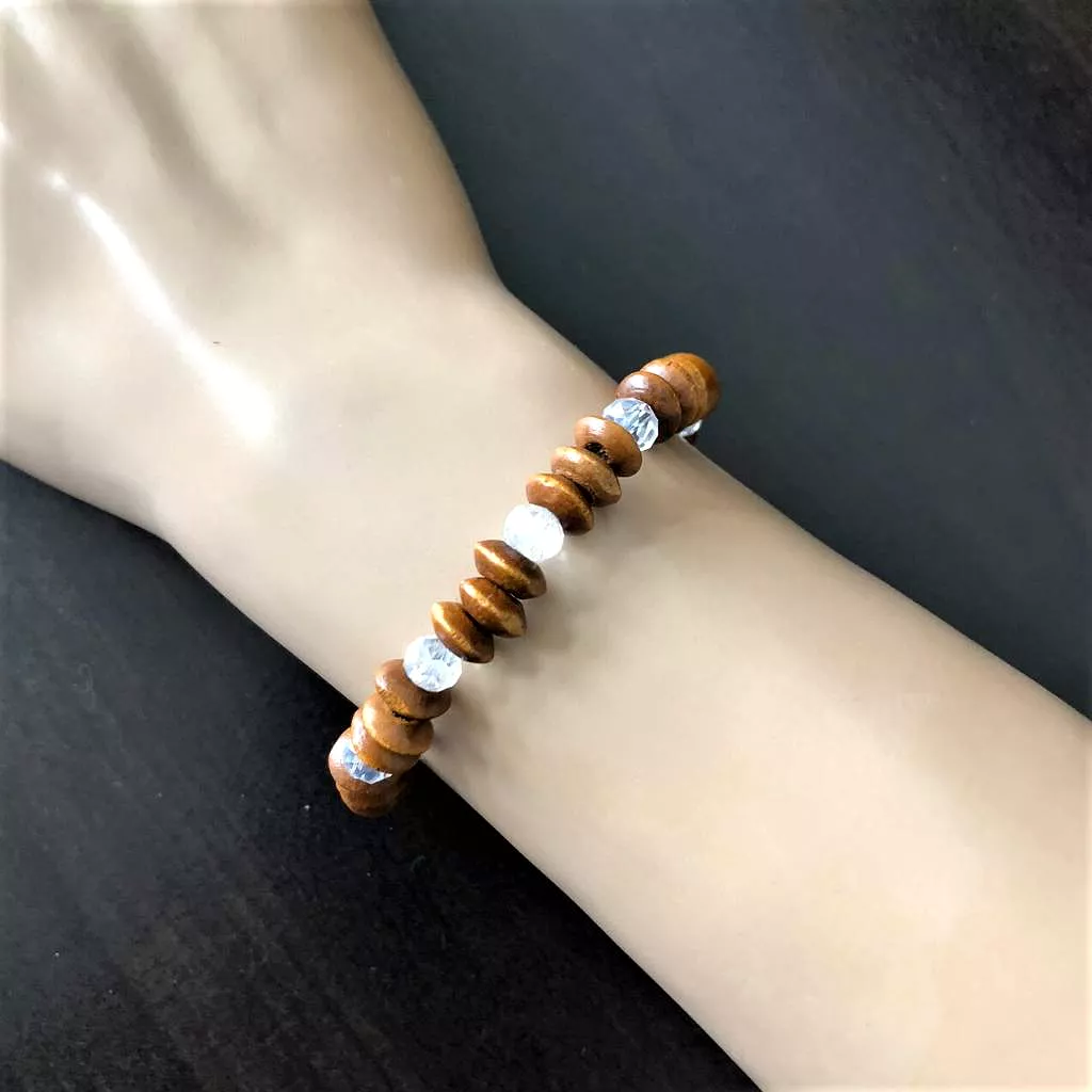 Wood and Crystal Rondelle Beaded Bracelet